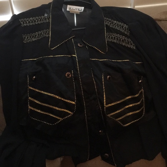 Michel Elliot black & gold trim blouse NWT sheer - Picture 5 of 16